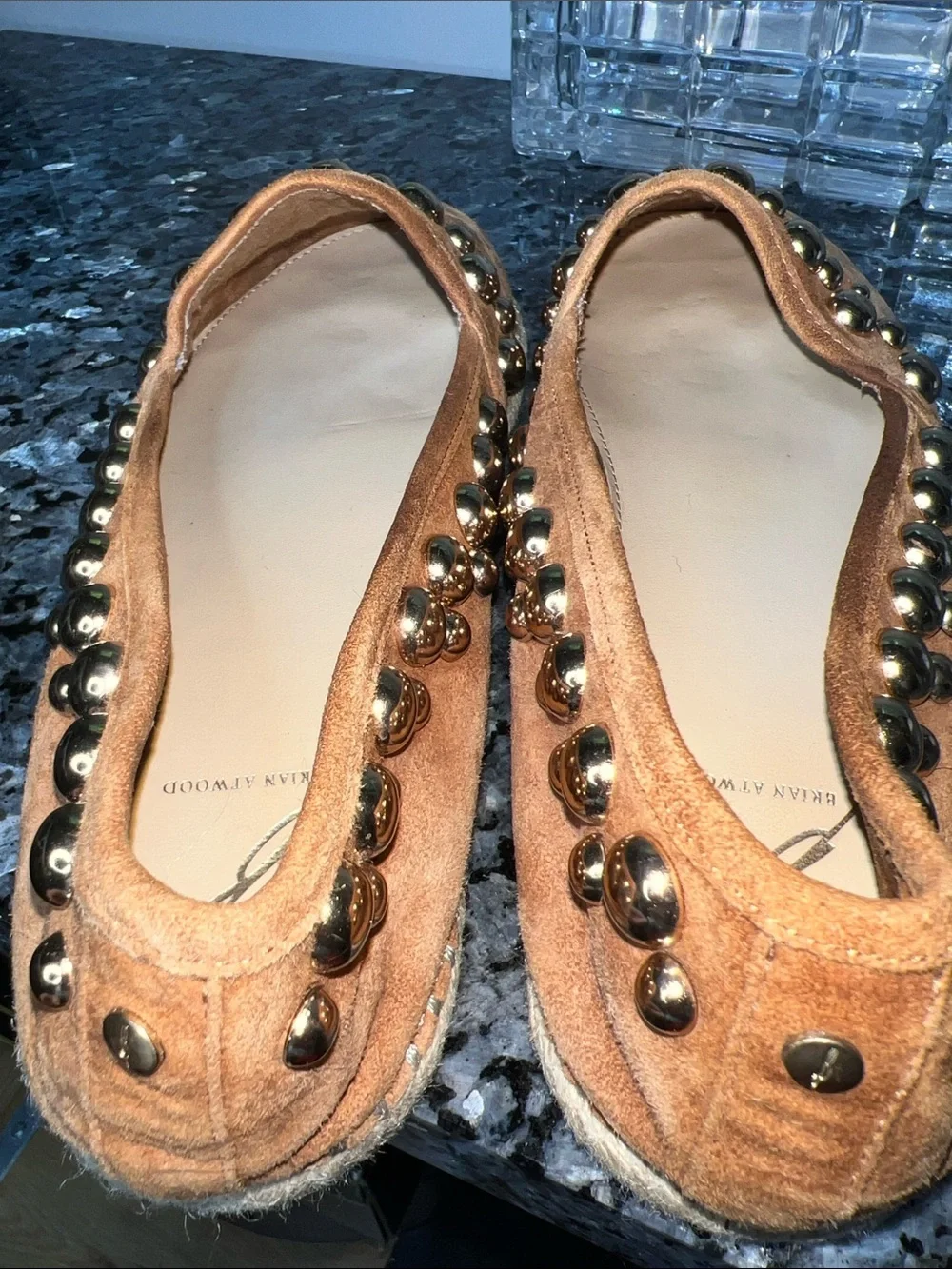 Brian Atwood Sz 8 B-Eli Tan Suede Espadrille Slip On Flats w/Goldtone Grommets